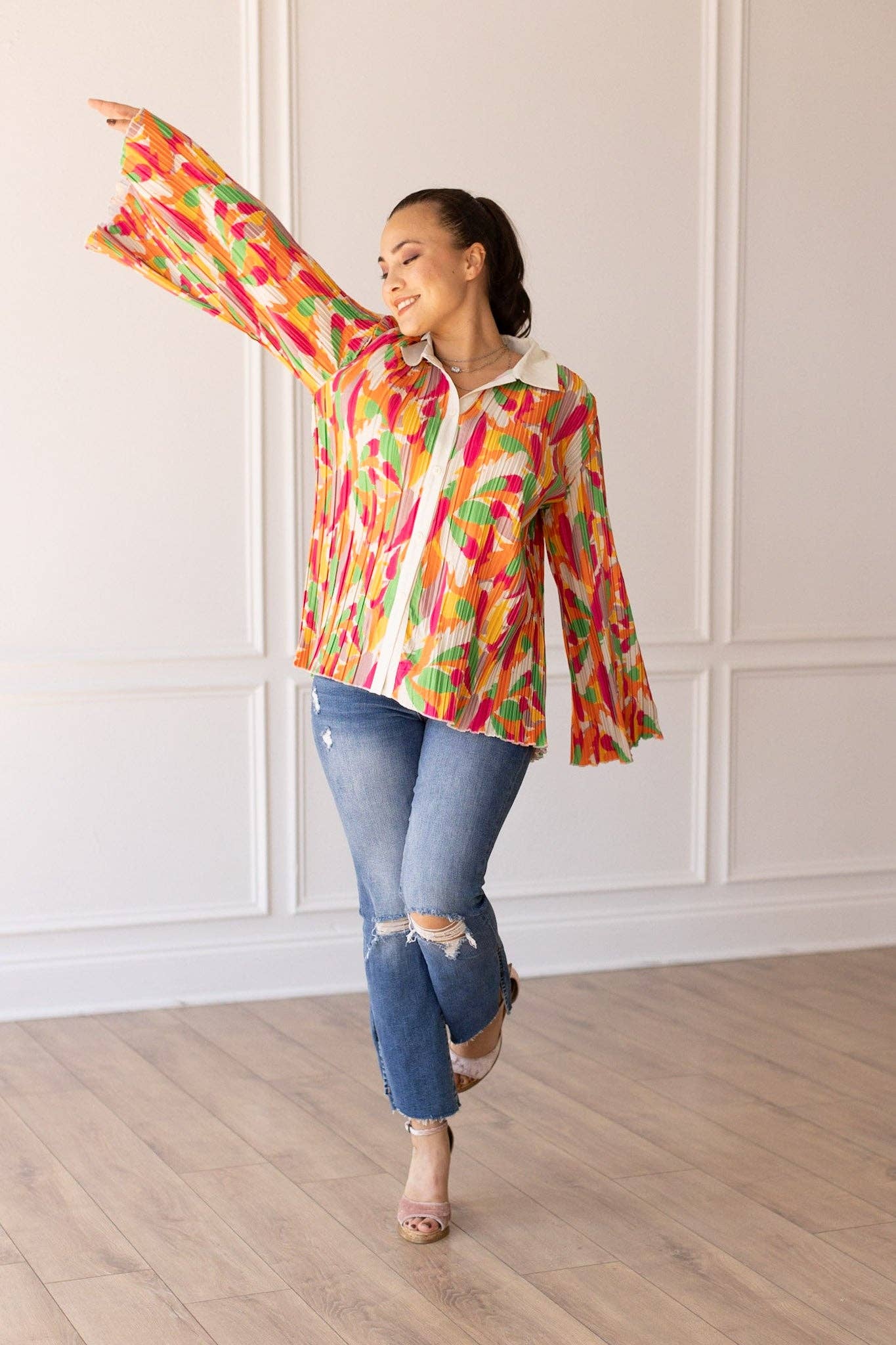 TOP104 Pleats and Petals Flare Sleeve Top