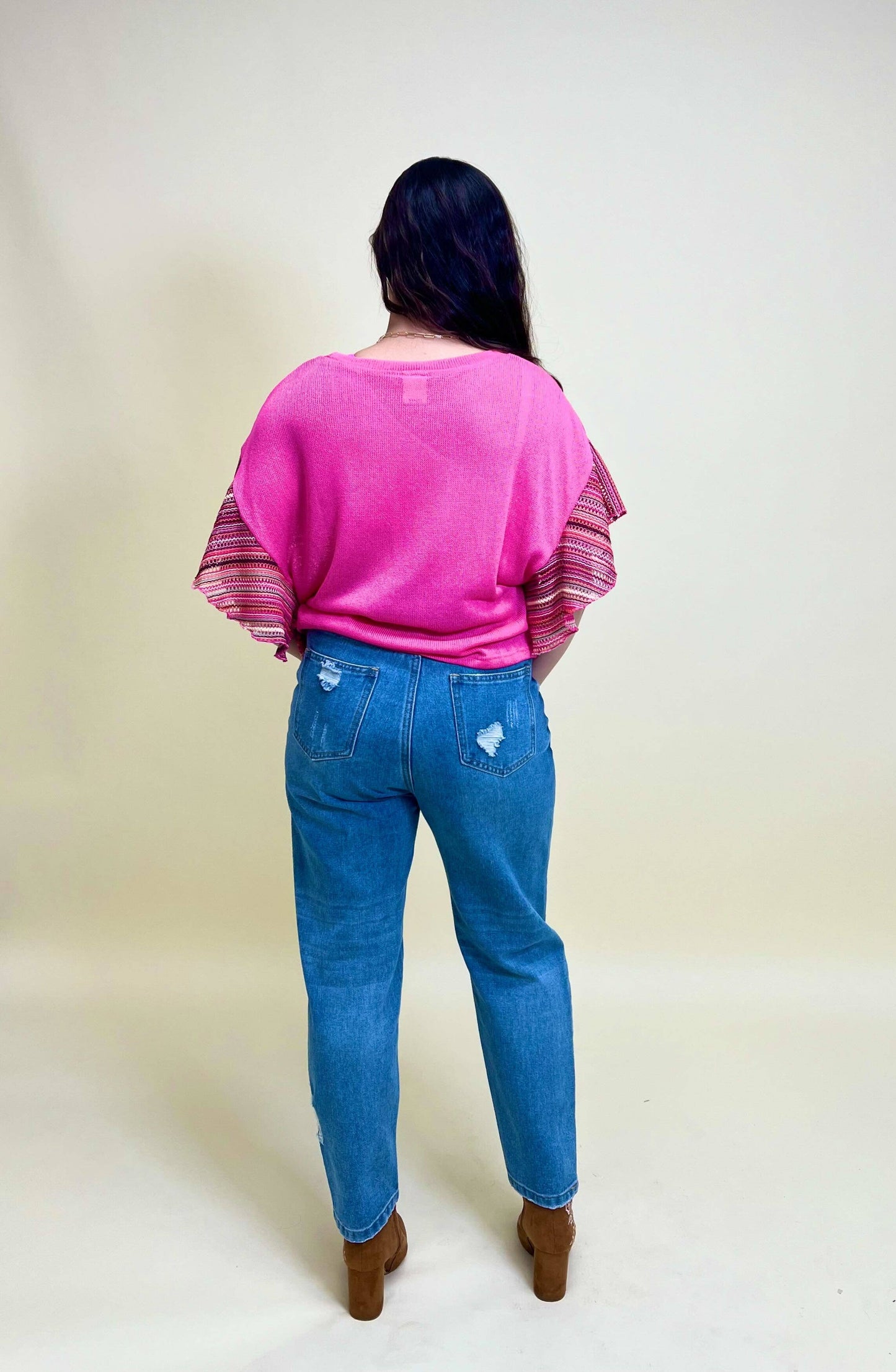 TOP114 Pink Knit Top With Striped Sleeves