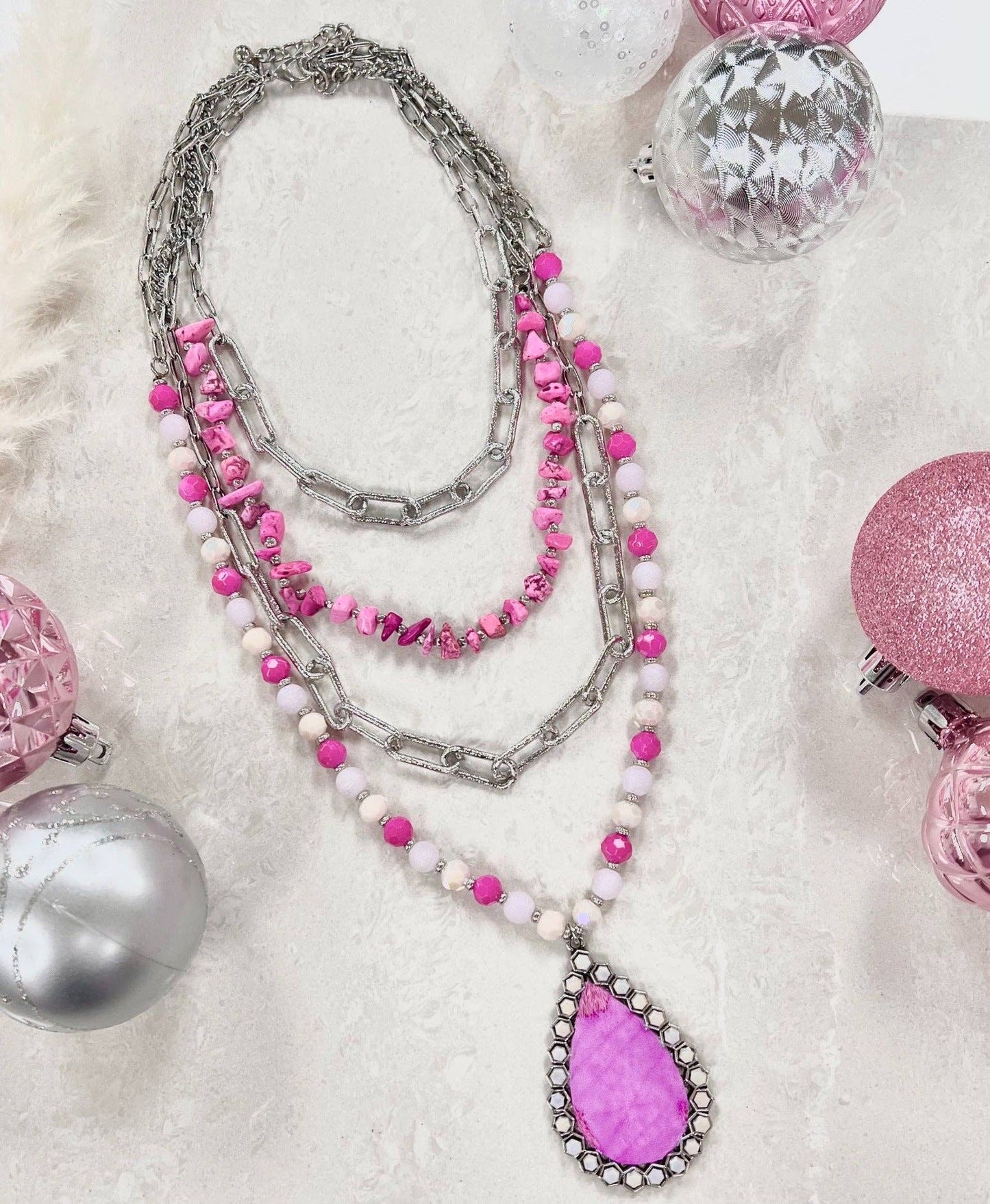 JEWL103 Pink Moment Four Strand Silver Necklace