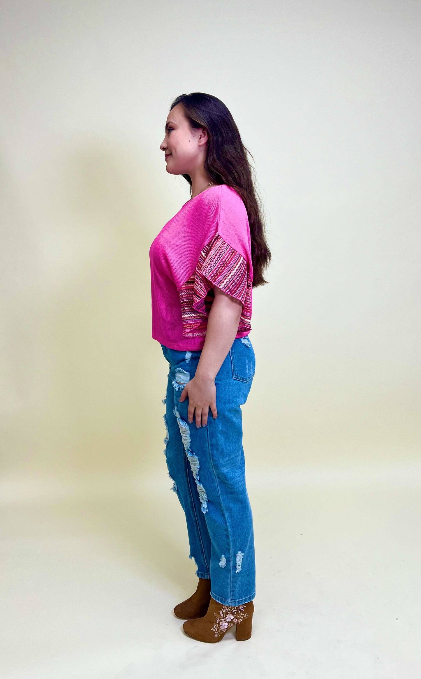 TOP114 Pink Knit Top With Striped Sleeves
