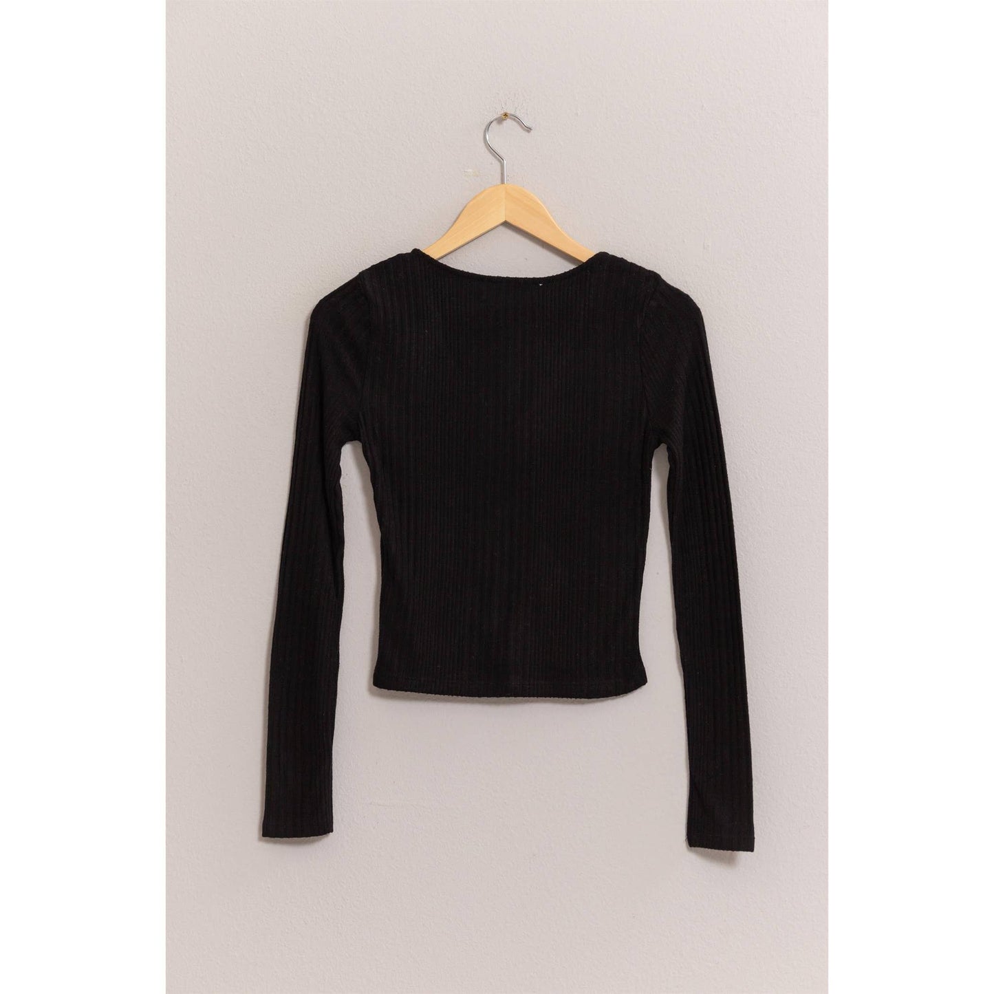 TOP174 -BLACK Brushed Ribbed Button-Front Top