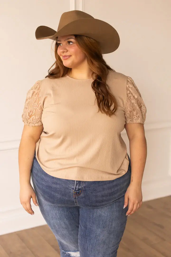 TOP129 - Tan Ribbed Tee with Lace Puff Sleeve