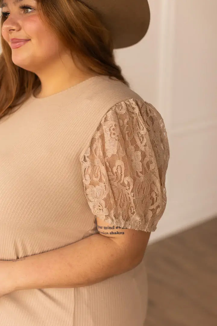 TOP129 - Tan Ribbed Tee with Lace Puff Sleeve