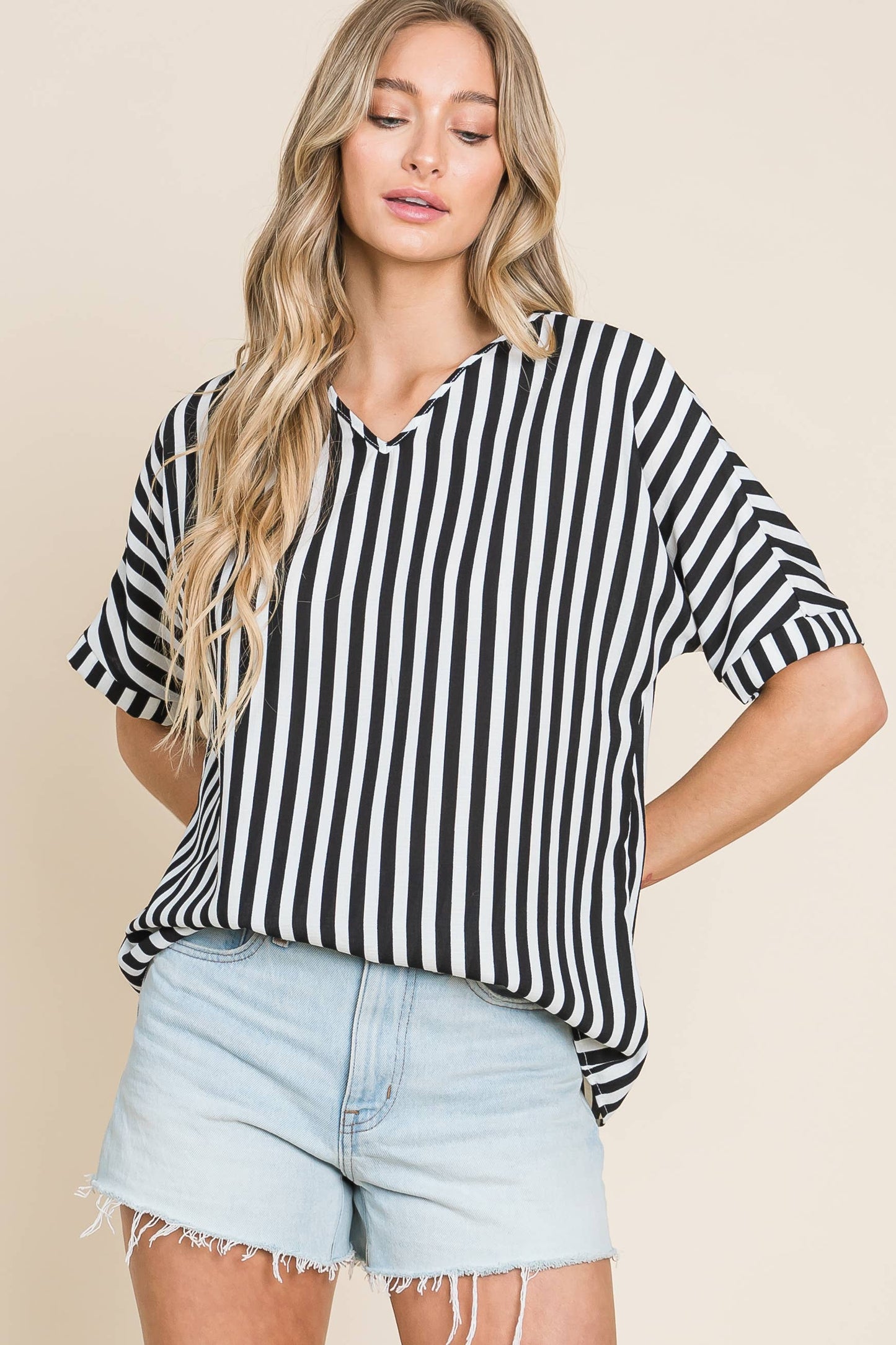 TOP148 - Black & White Vertical Stripe V-Neck Top