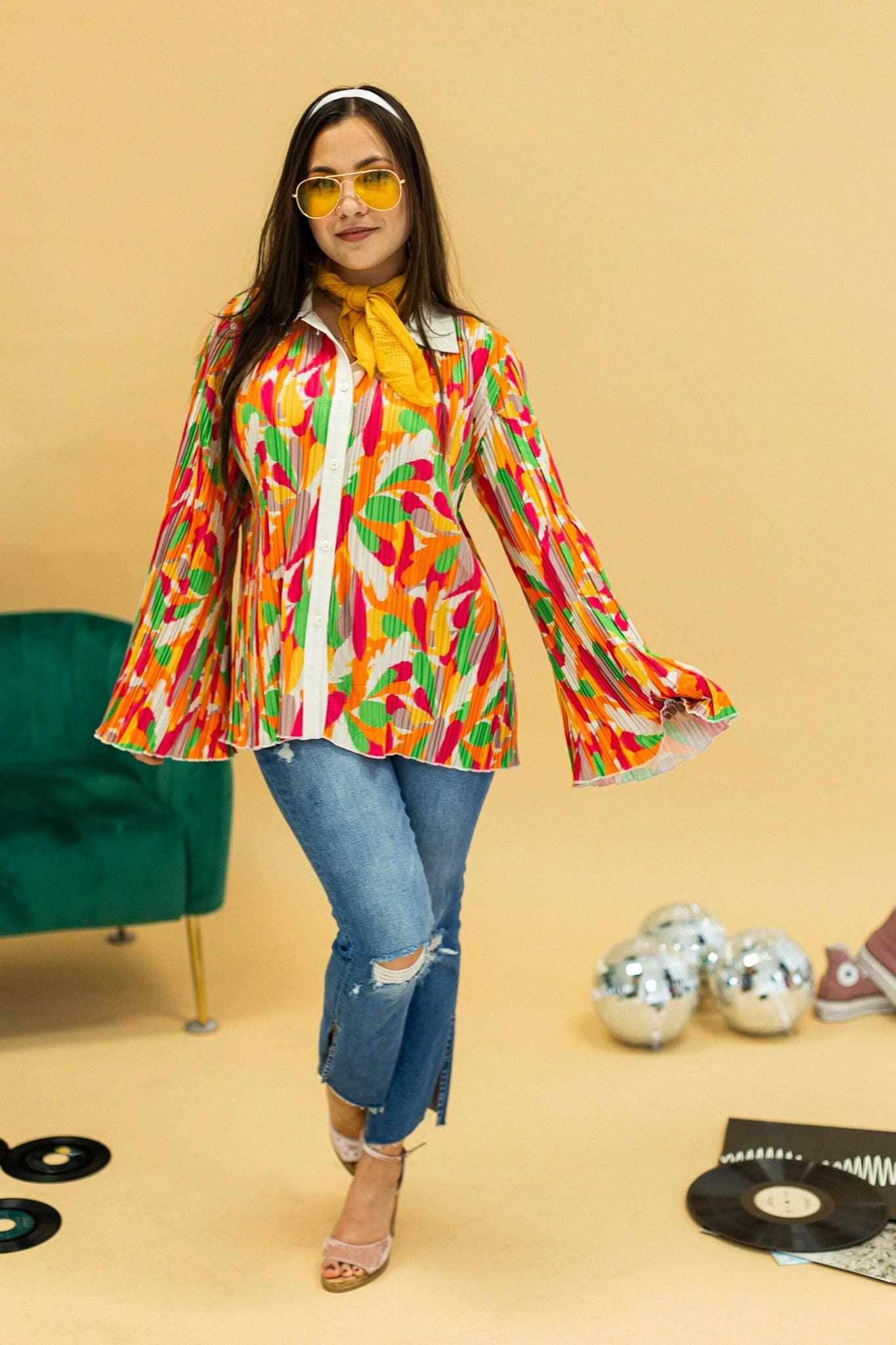 TOP104 Pleats and Petals Flare Sleeve Top