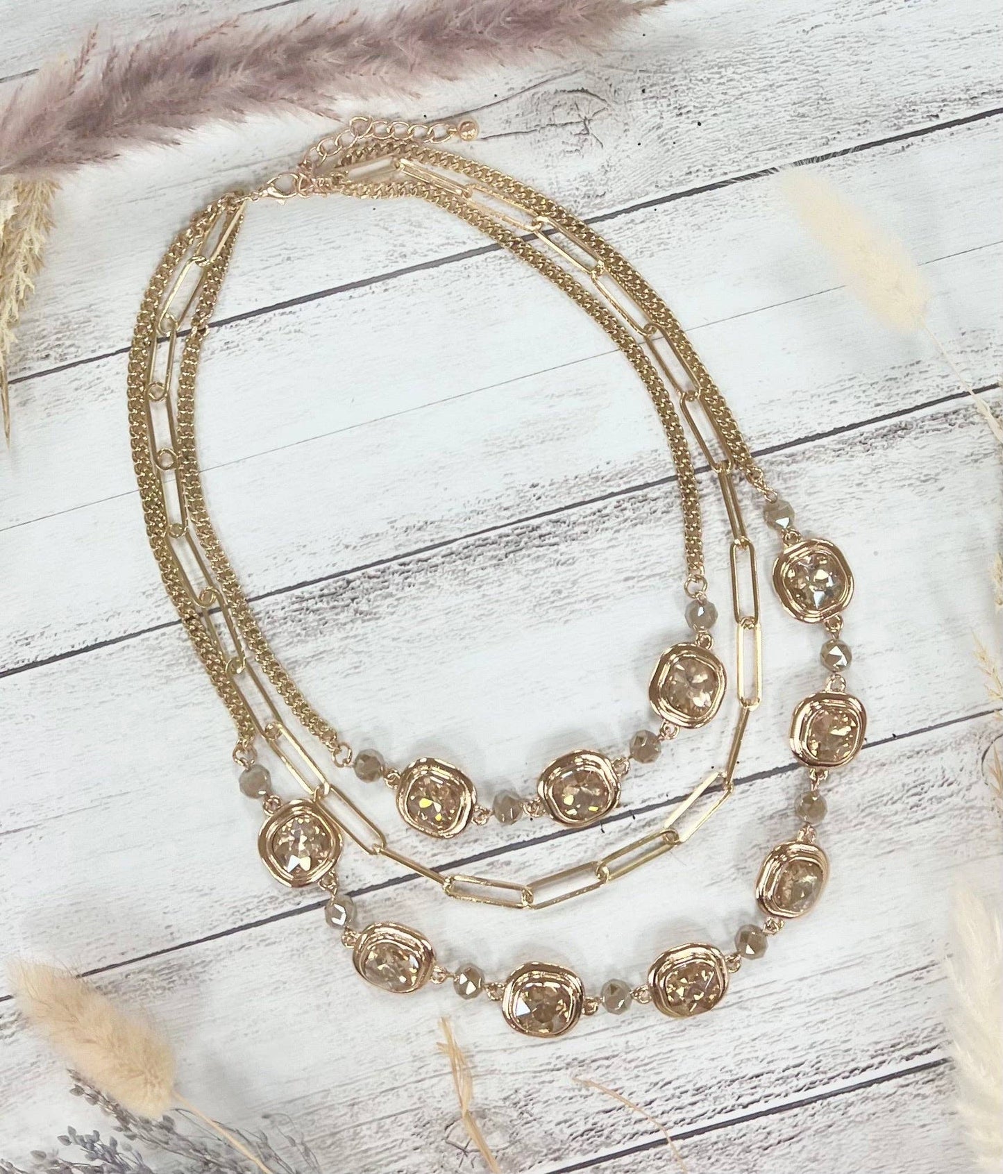 Jewl101 Chunky Layers Crystals Necklace Gold