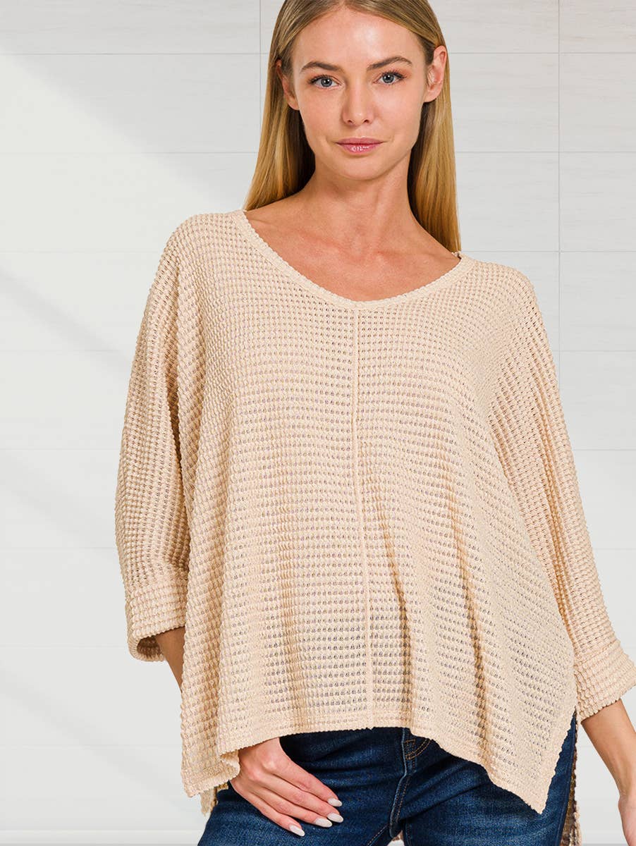 TOP162 - 3/4 Sleeve V Neck Hi Low Hem Jacquard Sweater