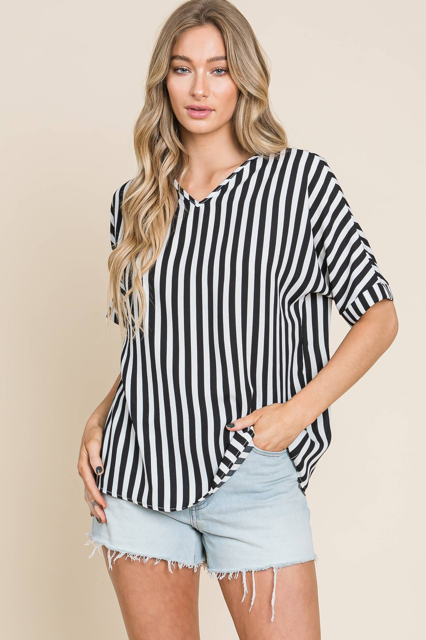 TOP148 - Black & White Vertical Stripe V-Neck Top