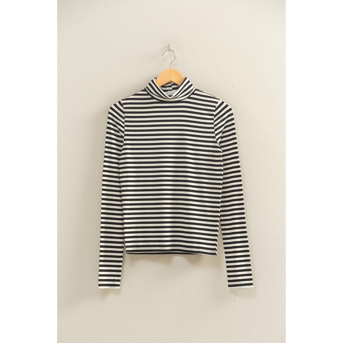 TOP171 - NAVY WHITE Striped Turtleneck Fitted Long Sleeve Top
