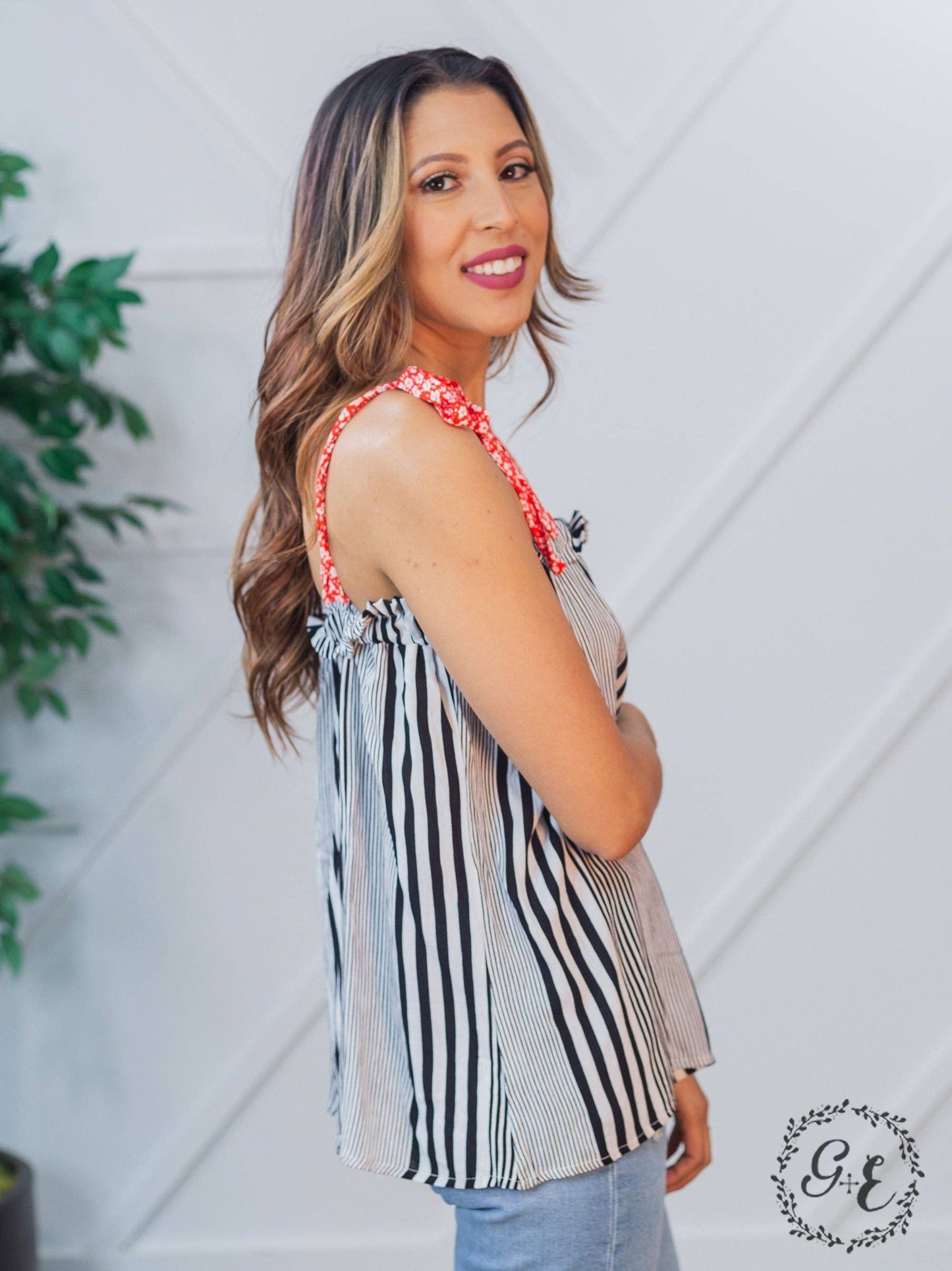 TOP113 Tie Strap Tank Top, Stripes & Red Floral