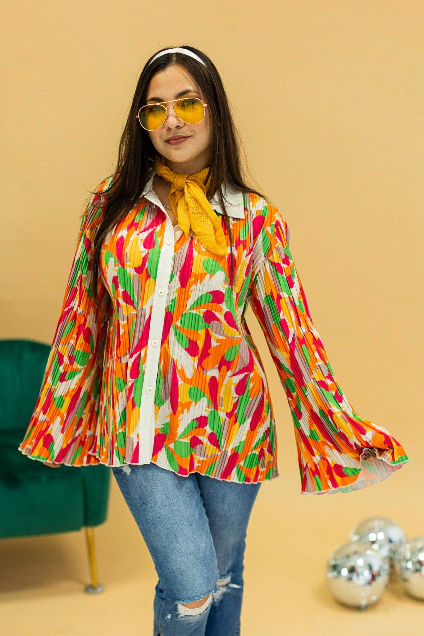 TOP104 Pleats and Petals Flare Sleeve Top