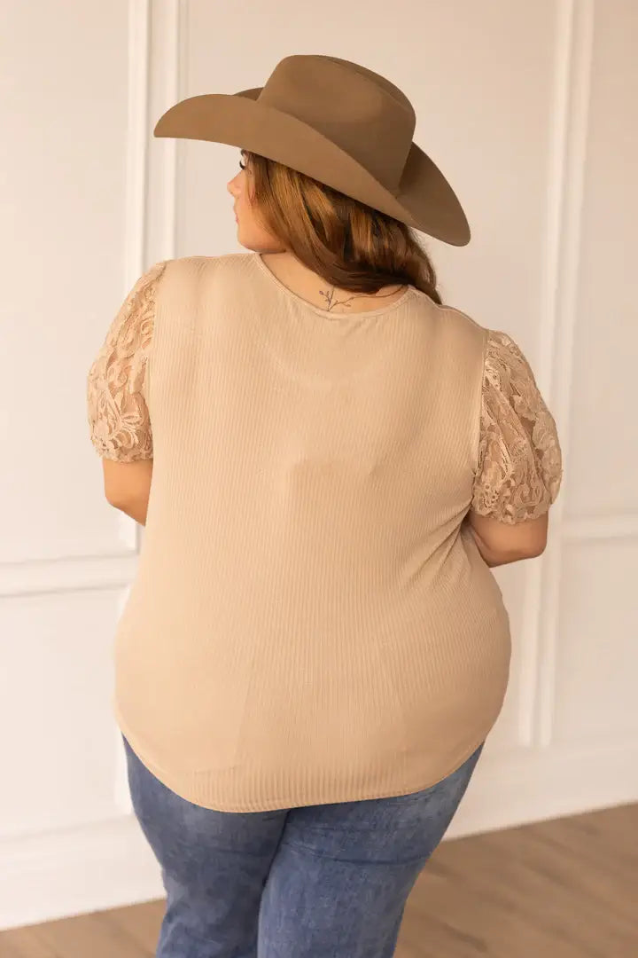 TOP129 - Tan Ribbed Tee with Lace Puff Sleeve