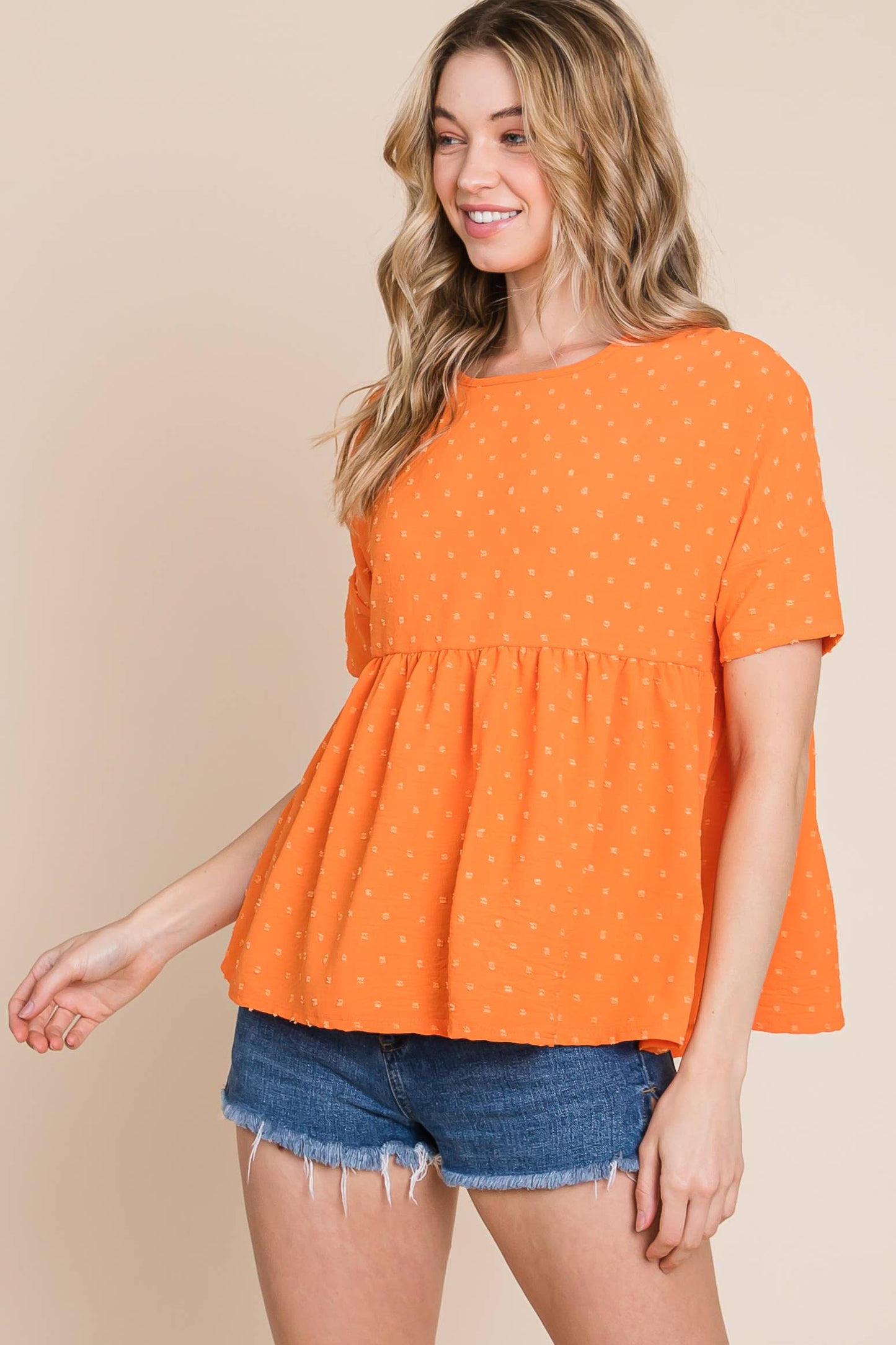TOP133 - Textured Dot Peplum top - Apricot