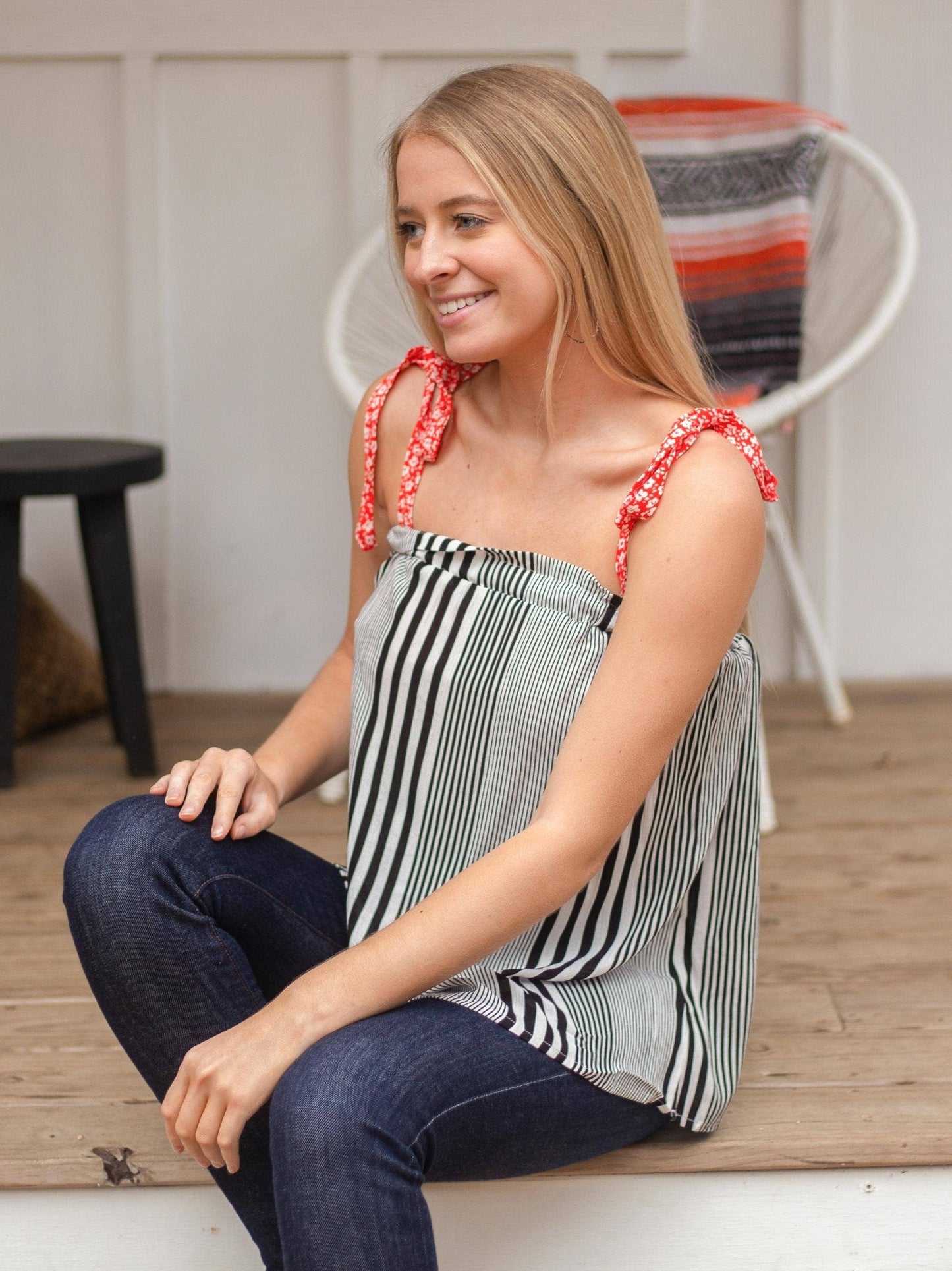TOP113 Tie Strap Tank Top, Stripes & Red Floral