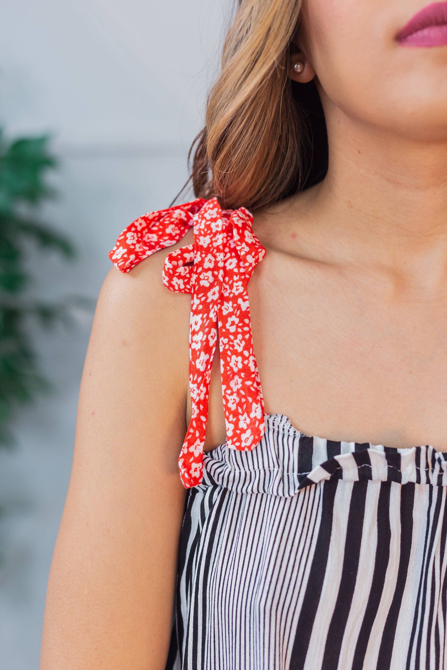 TOP113 Tie Strap Tank Top, Stripes & Red Floral