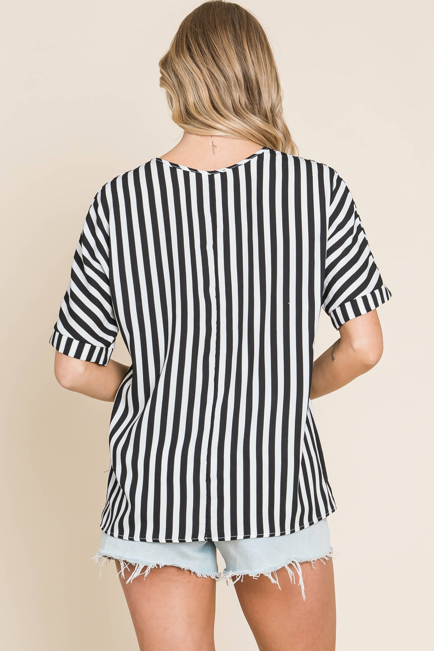 TOP148 - Black & White Vertical Stripe V-Neck Top