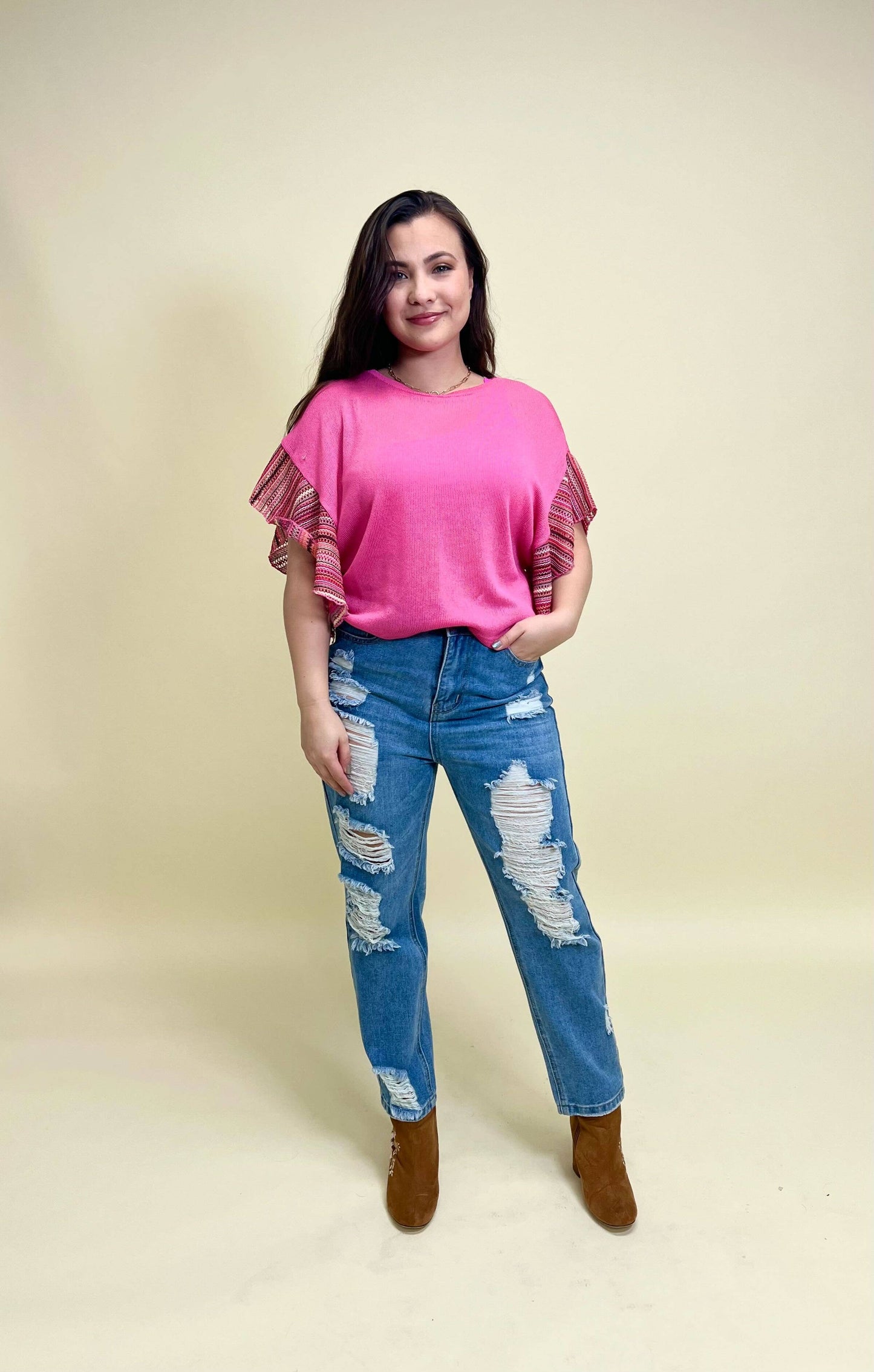 TOP114 Pink Knit Top With Striped Sleeves