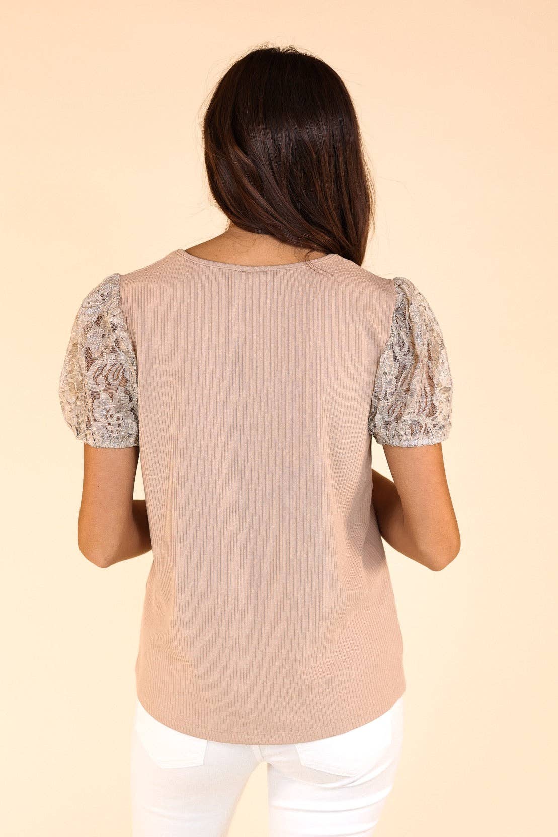 TOP129 - Tan Ribbed Tee with Lace Puff Sleeve