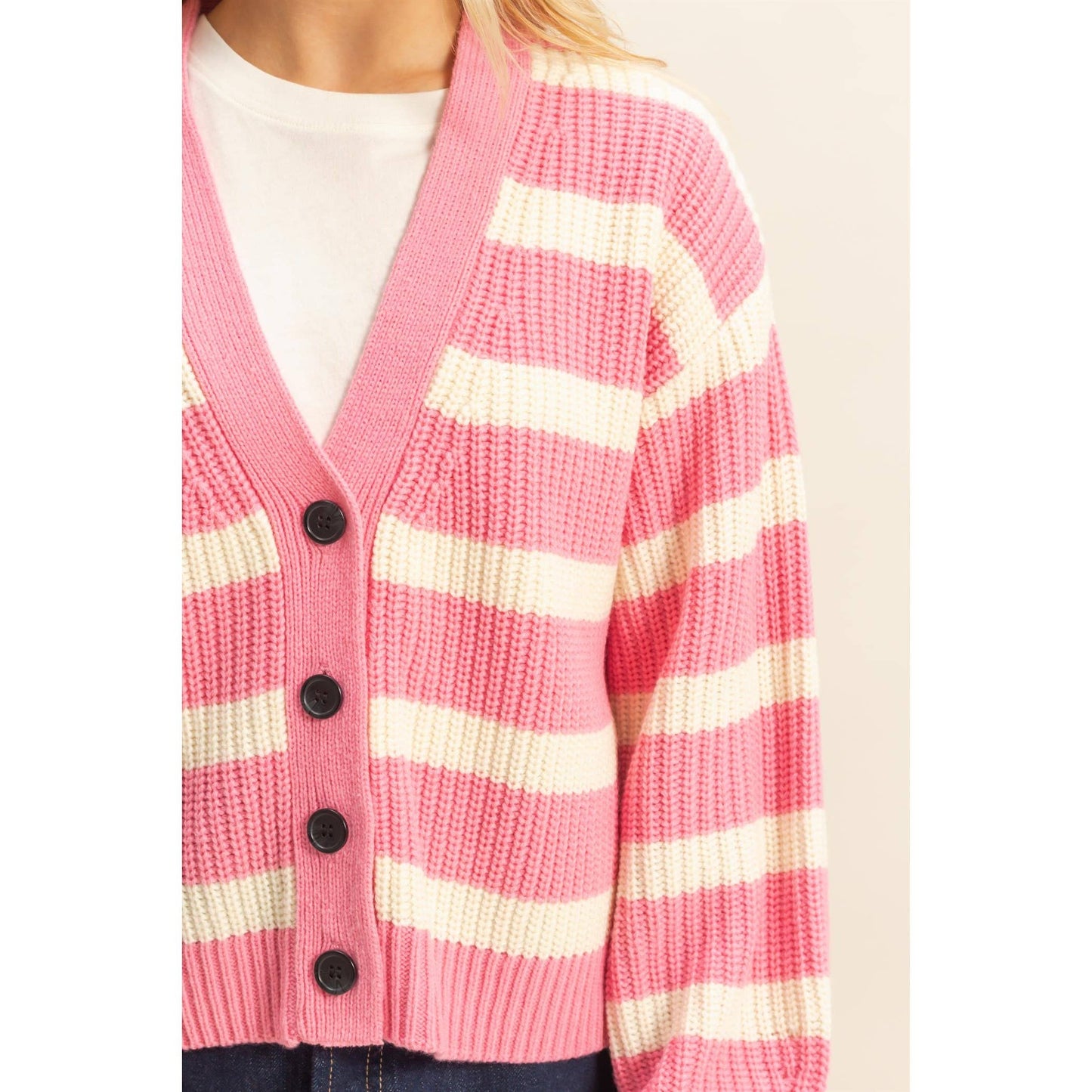SWT002 - PINK WHITE Striped Sweater Cardigan With Button Front