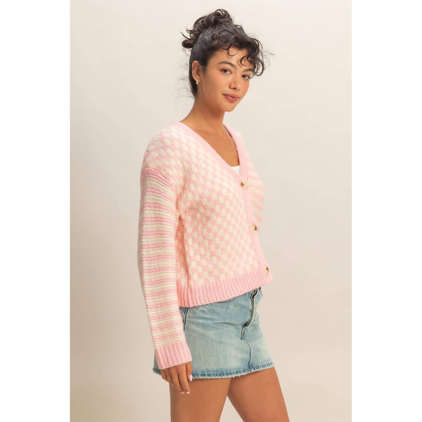 SWT001 - Pink Checker And Stripe Contrast Knit Cardigan Sweater
