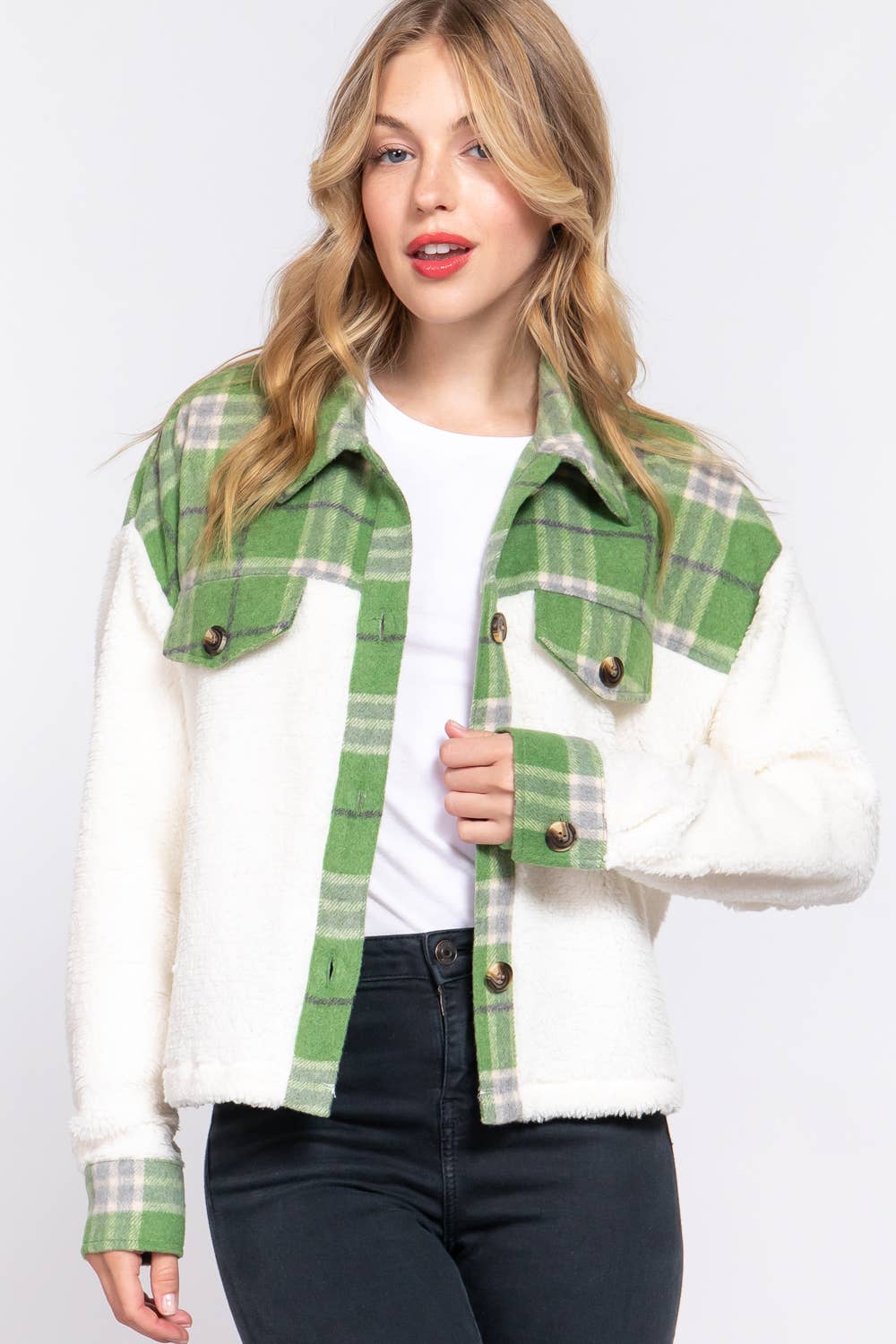 JAC123 - Button Down Plaid Contrast Faux Fur Crop Jacket