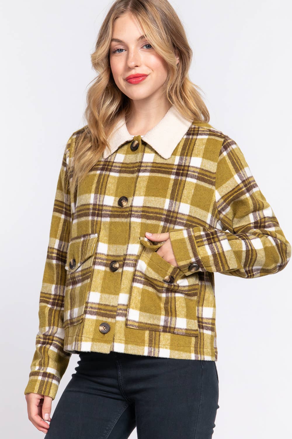JAC124 - Faux Fur Collar Plaid Shacket
