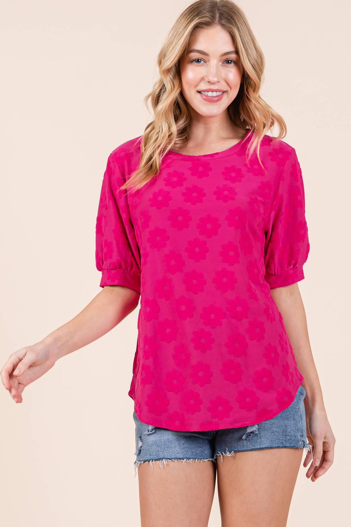 Top168 - Fuschia Daisy Embroidered Puff Sleeve Top