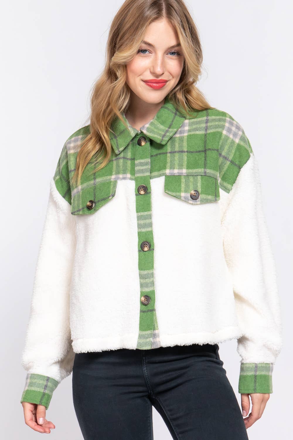 JAC123 - Button Down Plaid Contrast Faux Fur Crop Jacket