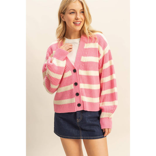 SWT002 - PINK WHITE Striped Sweater Cardigan With Button Front