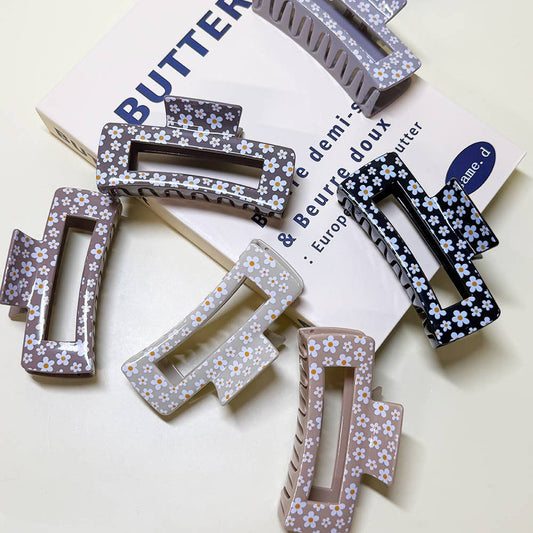 CLIP009 - Cute Flower Print Rectangle Hair Claw Clip