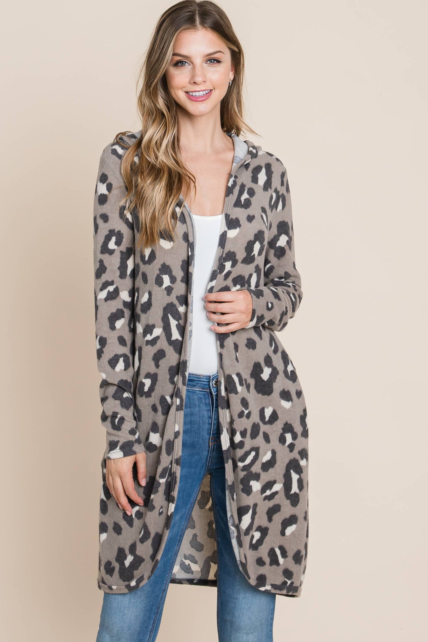 Card124 - Mocha Animal Print Hooded Knit Cardigan