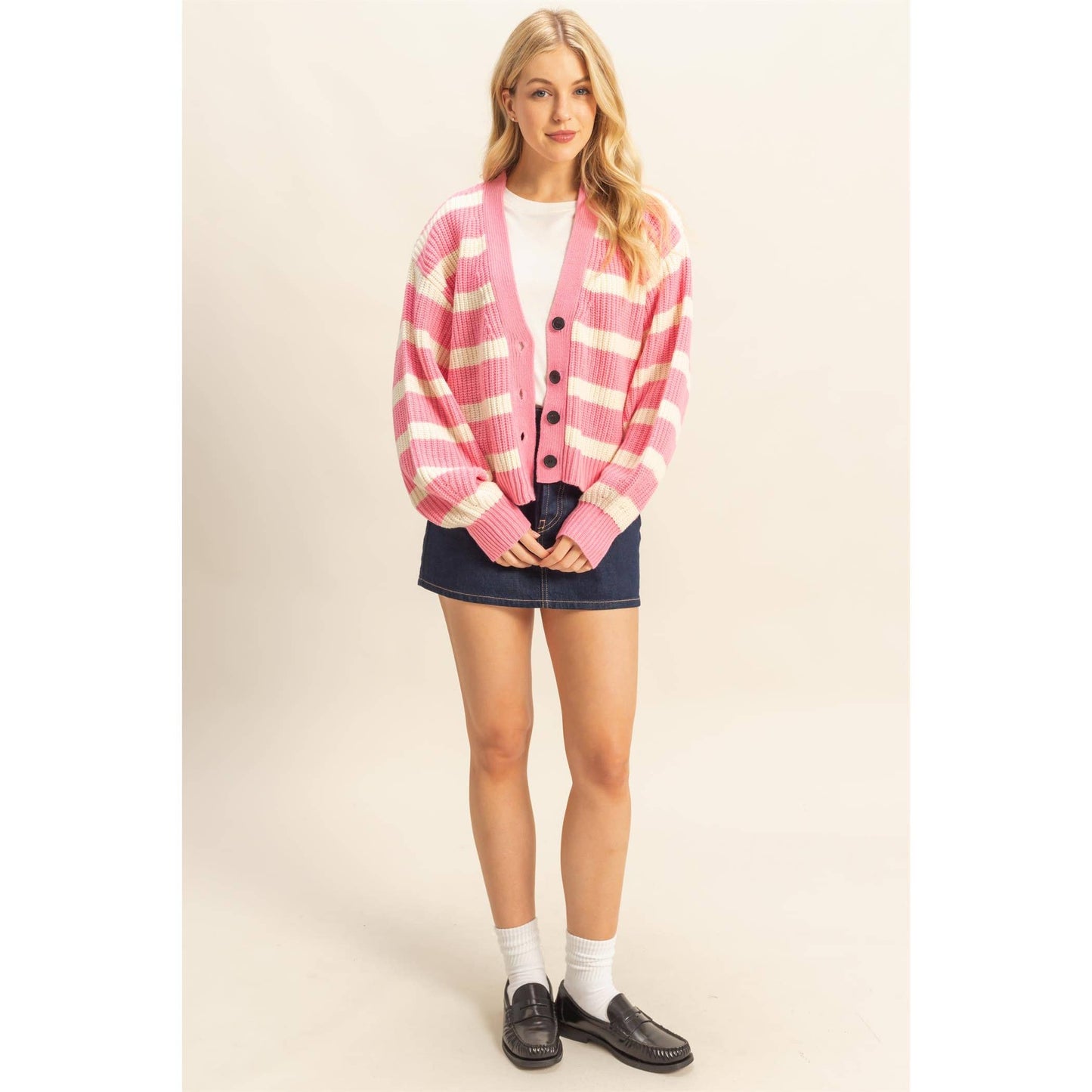 SWT002 - PINK WHITE Striped Sweater Cardigan With Button Front