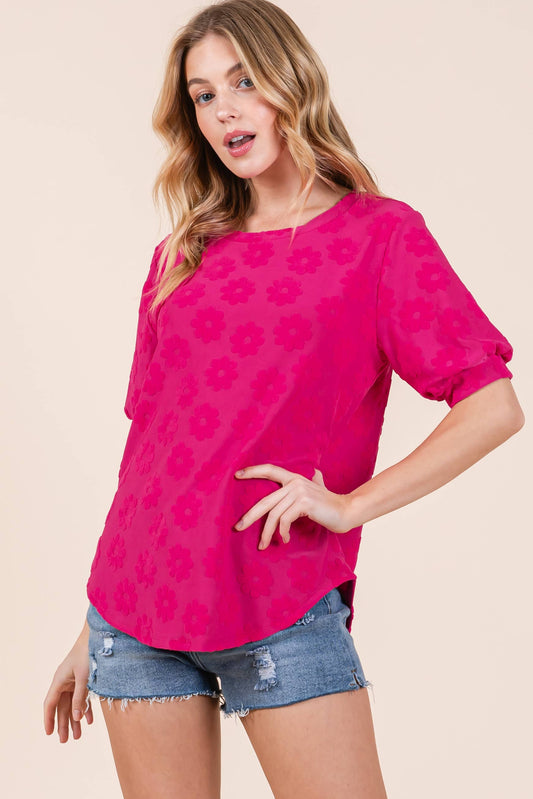Top168 - Fuschia Daisy Embroidered Puff Sleeve Top