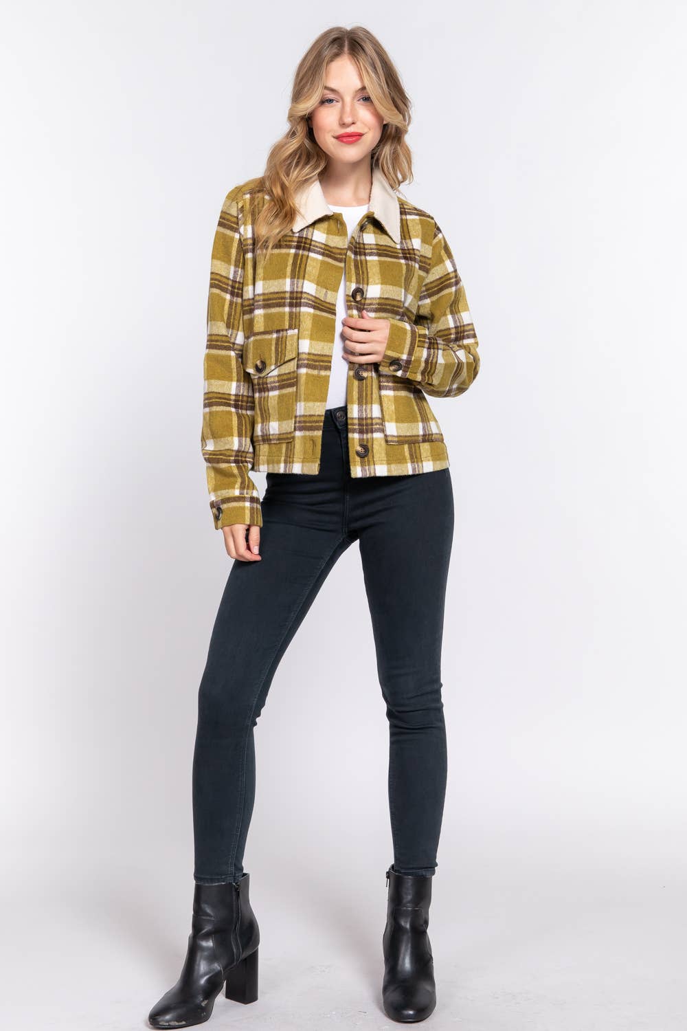 JAC124 - Faux Fur Collar Plaid Shacket