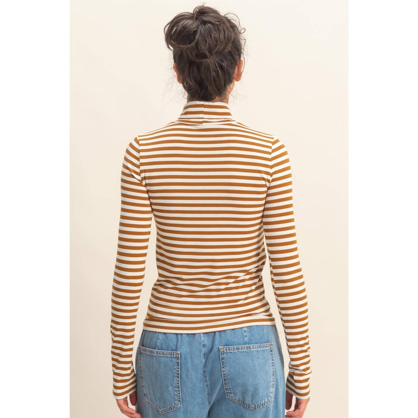 TOP172 - BROWN WHITE Striped Turtleneck Fitted Long Sleeve Top