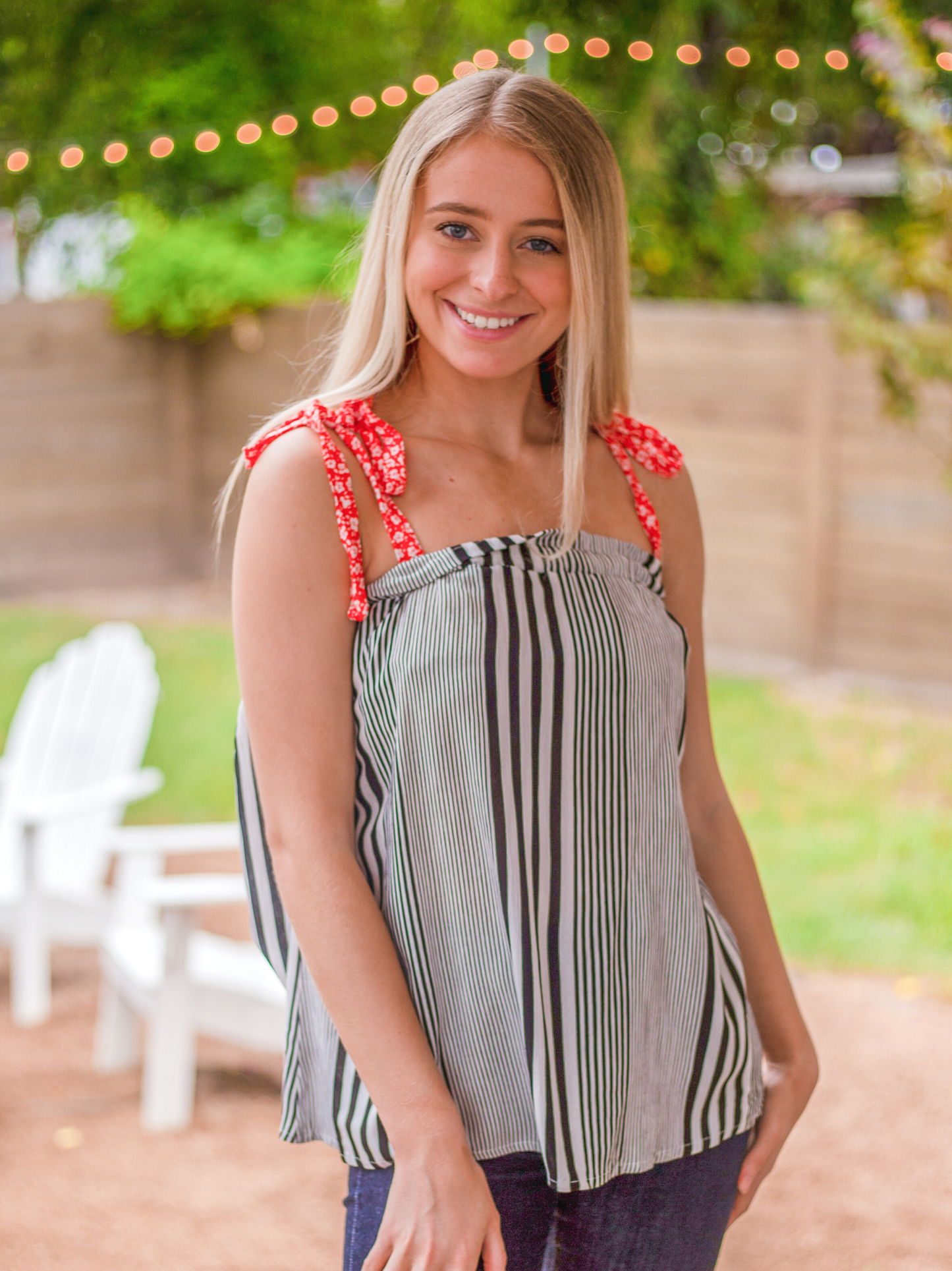 TOP113 Tie Strap Tank Top, Stripes & Red Floral