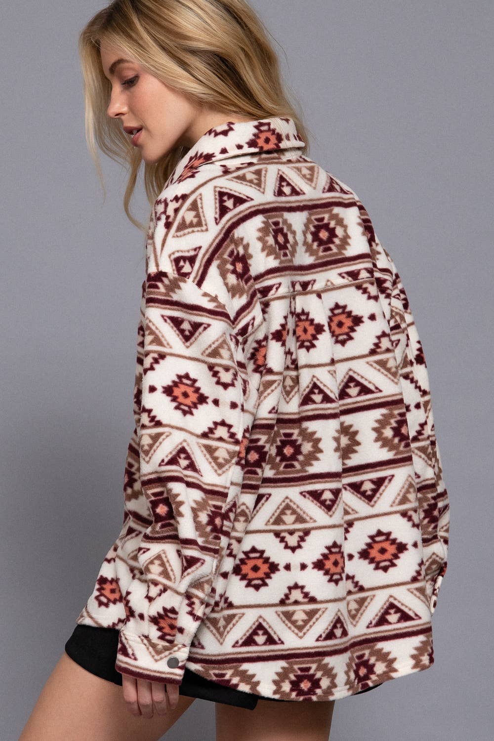 JAC125 - Aztec Printed Fleece Shacket w/ snap buttons