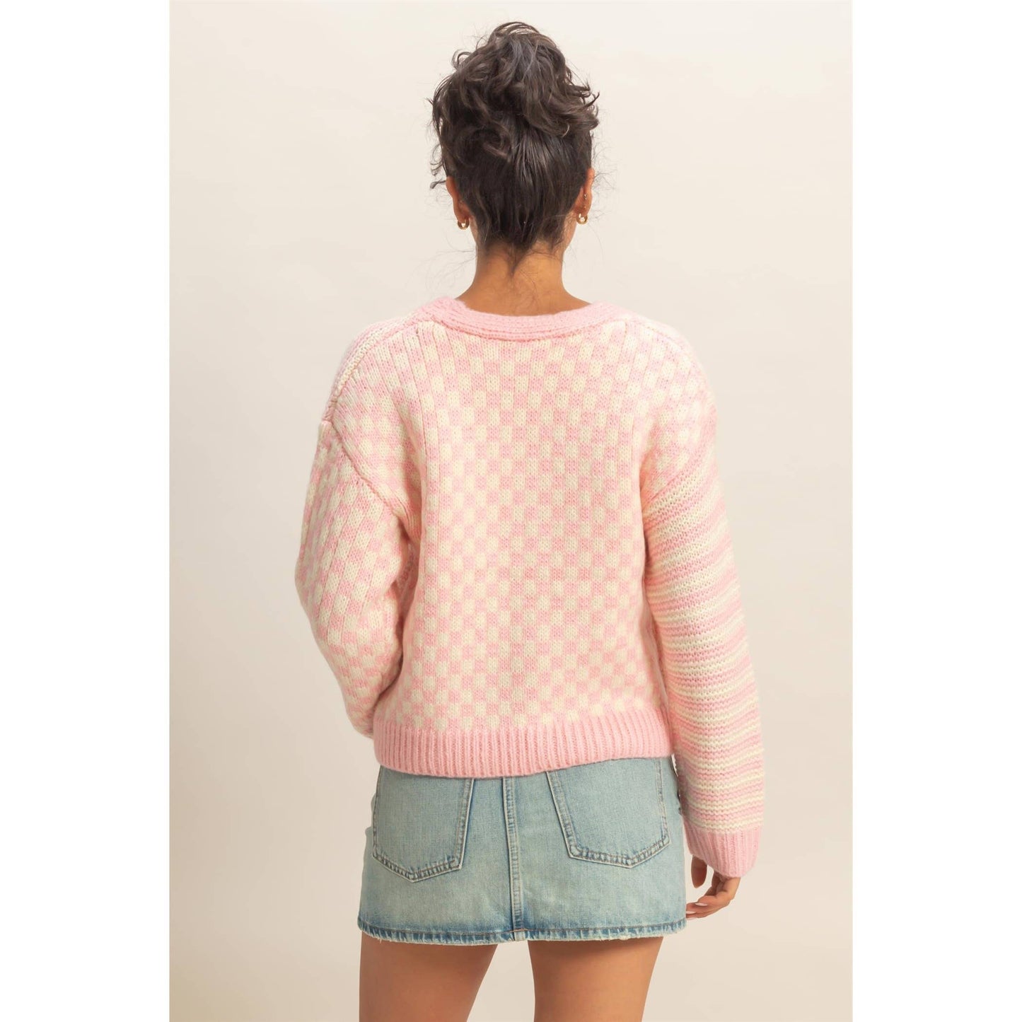 SWT001 - Pink Checker And Stripe Contrast Knit Cardigan Sweater