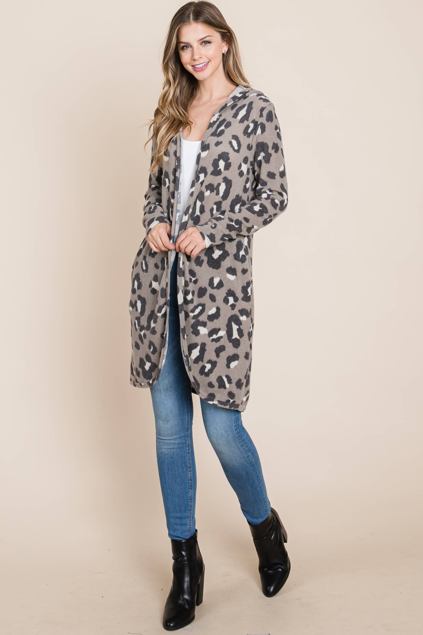Card124 - Mocha Animal Print Hooded Knit Cardigan
