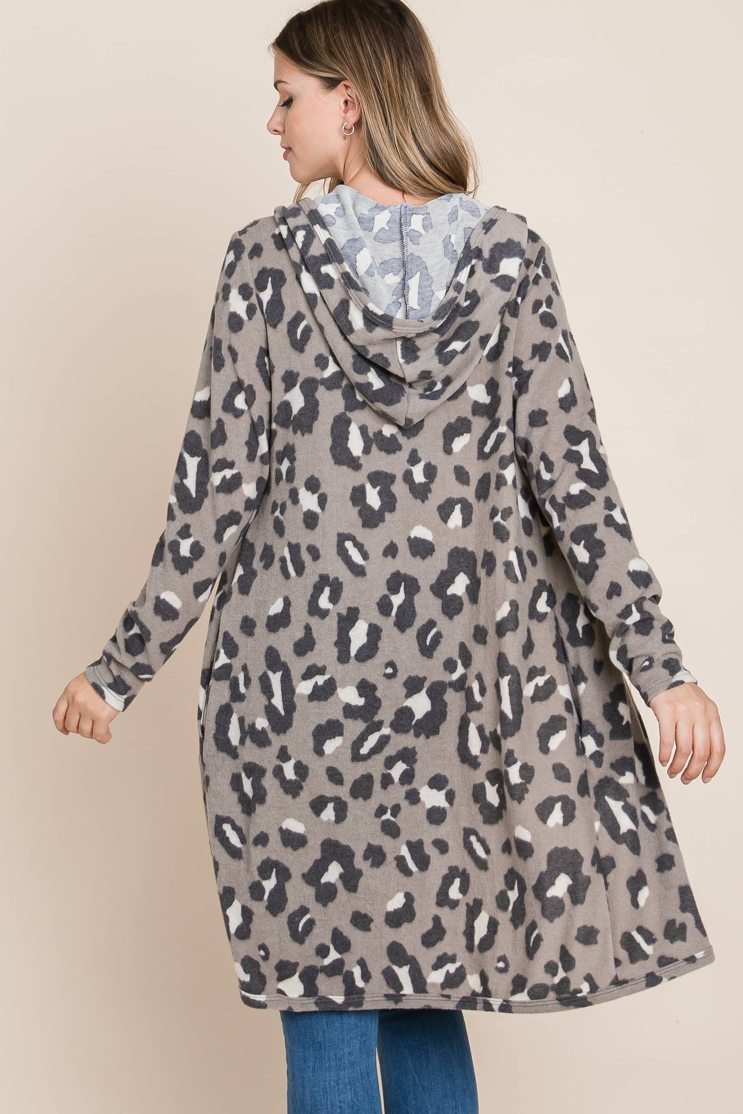 Card124 - Mocha Animal Print Hooded Knit Cardigan