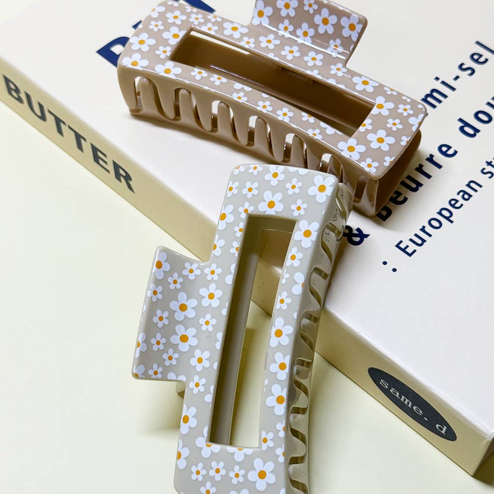 CLIP009 - Cute Flower Print Rectangle Hair Claw Clip