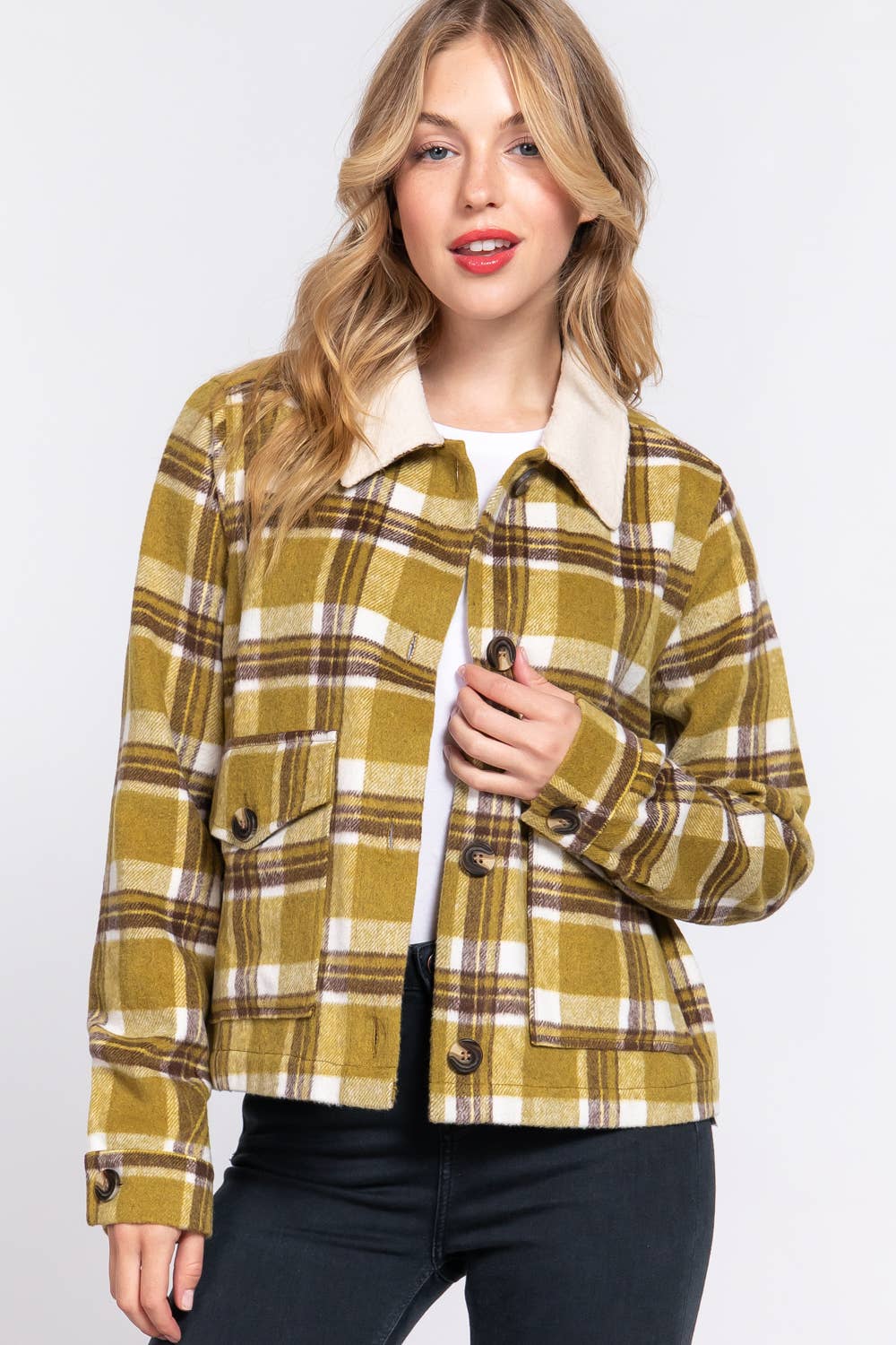 JAC124 - Faux Fur Collar Plaid Shacket