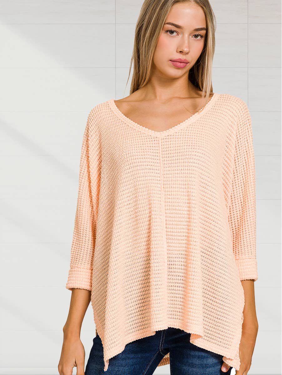 TOP162 - 3/4 Sleeve V Neck Hi Low Hem Jacquard Sweater