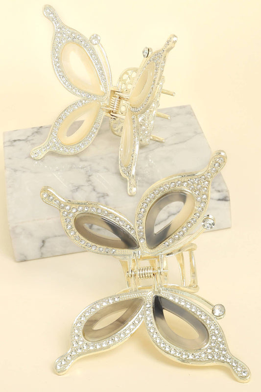 CLIP007 - Gold Butterfly Ivory Rhinestone Claw Clip