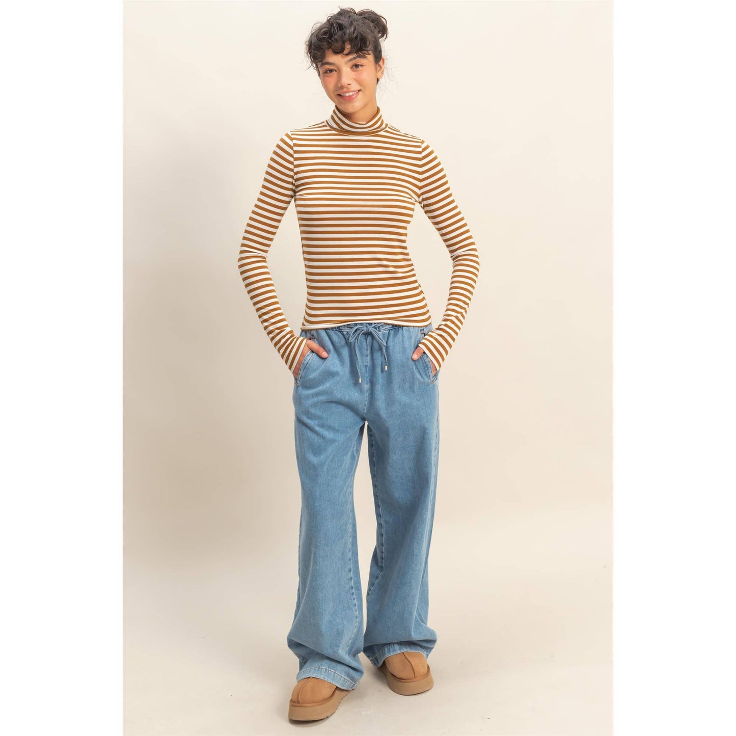 TOP172 - BROWN WHITE Striped Turtleneck Fitted Long Sleeve Top