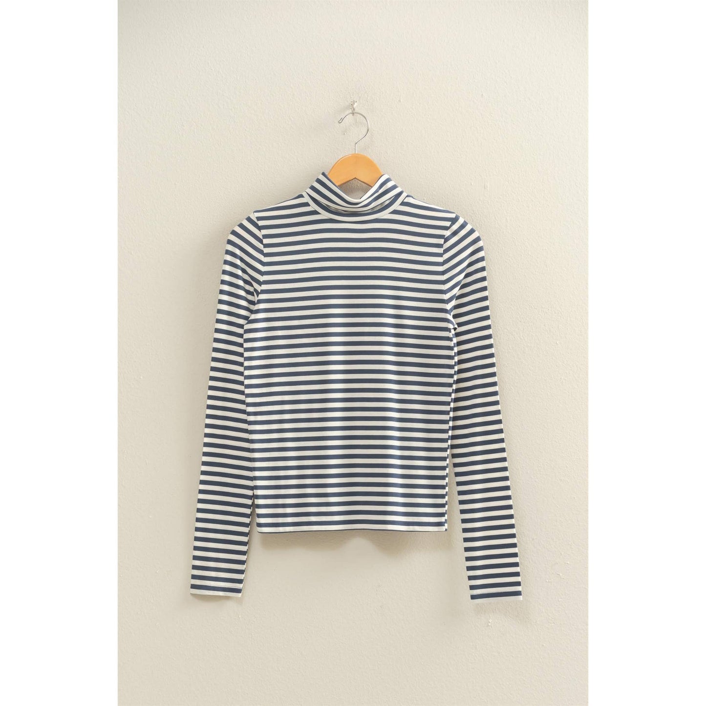 TOP171 - NAVY WHITE Striped Turtleneck Fitted Long Sleeve Top