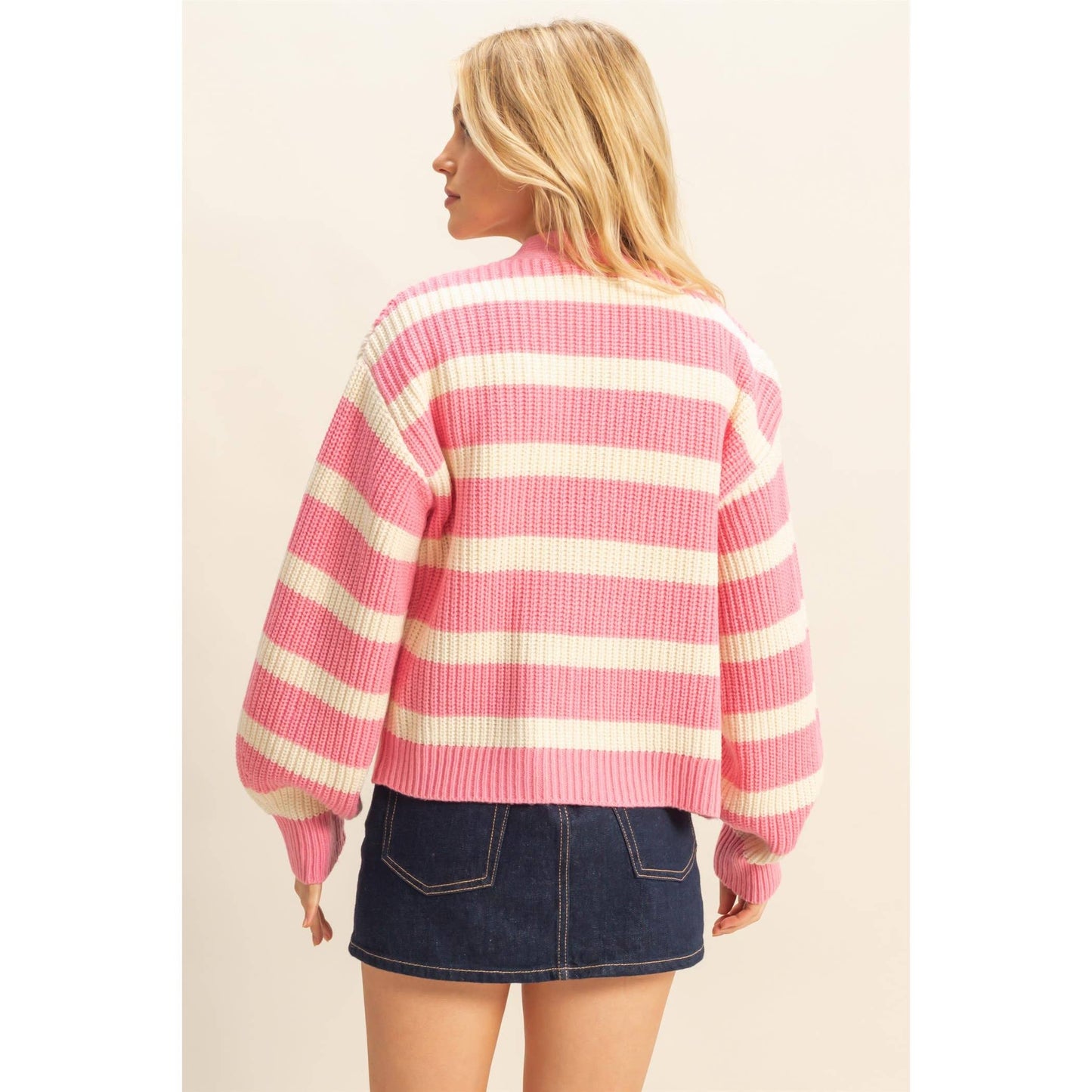 SWT002 - PINK WHITE Striped Sweater Cardigan With Button Front