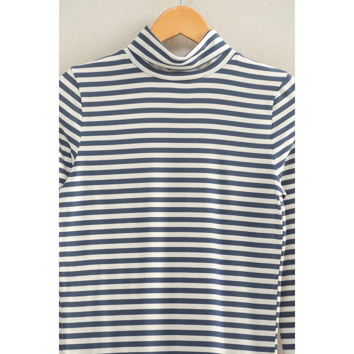 TOP171 - NAVY WHITE Striped Turtleneck Fitted Long Sleeve Top