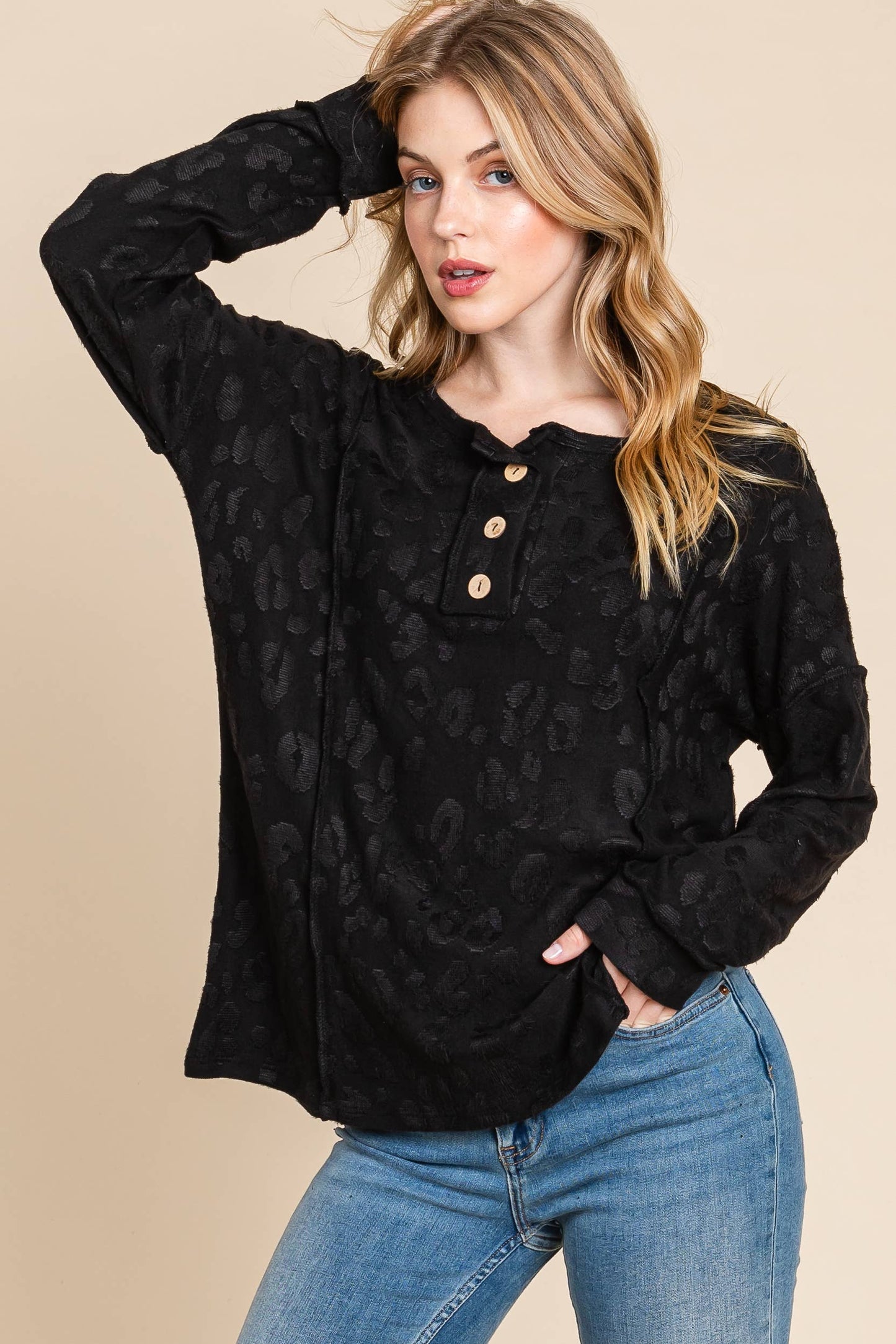 TOP170 - BLACK TEXTURED BUTTON FRONT TOP