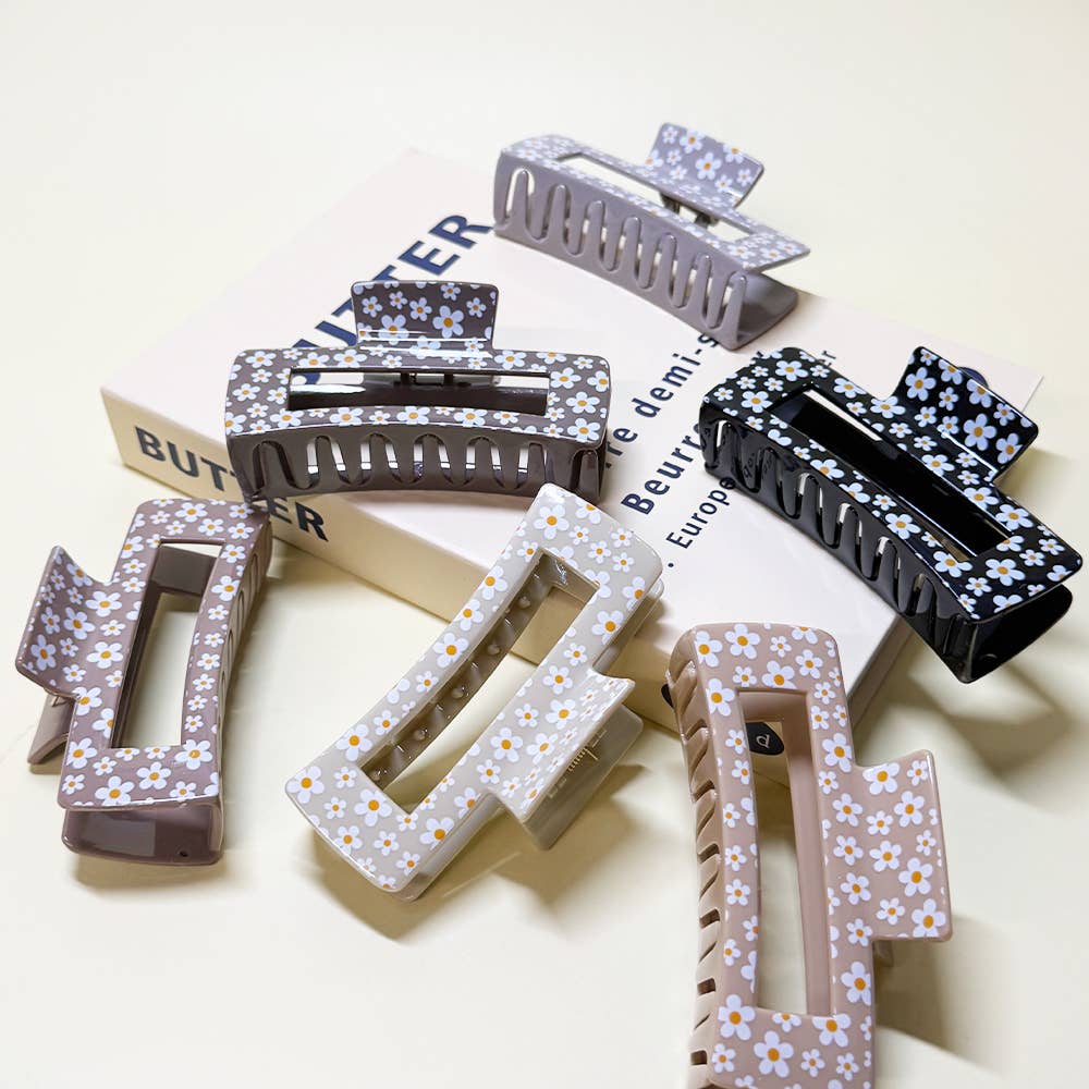 CLIP009 - Cute Flower Print Rectangle Hair Claw Clip
